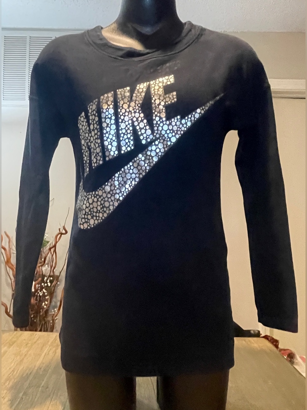 Nike Black Long-Sleeve Sweater with Silver Holographic Logo, Size Medium